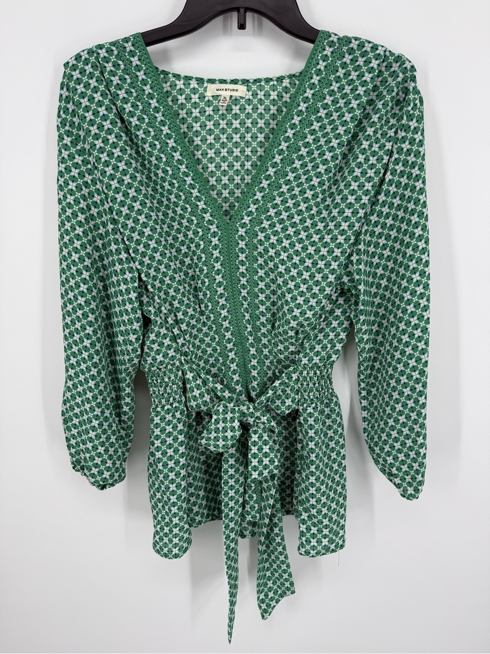 Max Studio Women's Emerald Green Blouse Peplum Tie Waist Pullover 3/4 Sleeve XL
